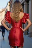 Red Satin Keyhole Bodycon Off the Shoulder short Homecoming Dress with Ruffles