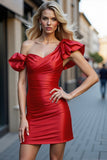 Red Satin Bodycon One Shoulder Short Homecoming Dress