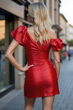 Red Satin Bodycon One Shoulder Short Homecoming Dress