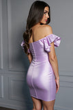 Lilac Satin Bodycon Off the Shoulder Short Homcoming Dress with Ruffles
