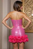 Sparkly Fuchsia Sequins Sweetheart Bodycon Short Homecoming Dress with 3D Flowers