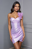 One Shoulder Lilac Satin Tight Homecoming Dress with 3D Flowers