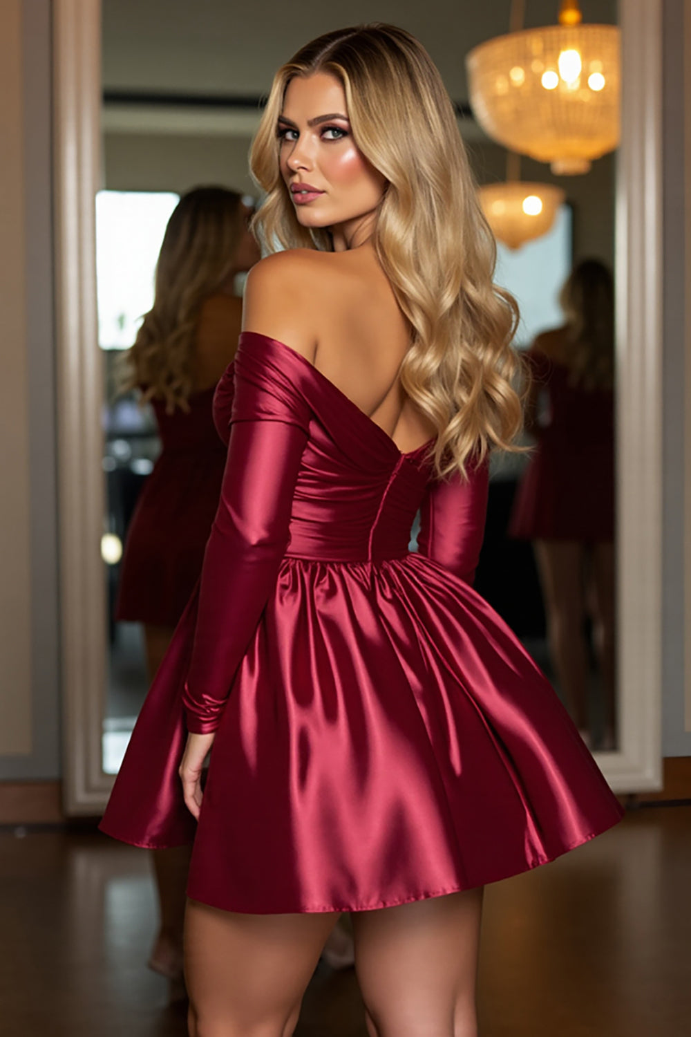 Burgundy Off the Shoulder Sequin Satin Homecoming Dress with Long Sleeves