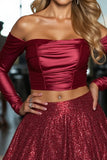 Sparkly Off The Shoulder Burgundy A Line 2-piece Homecoming Dress