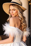 Off The Shoulder White A Line Cocktail Dress with Feathers