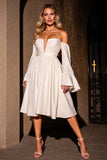 Off The Shoulder A Line Ivory Cocktail Dress with Long Sleeves
