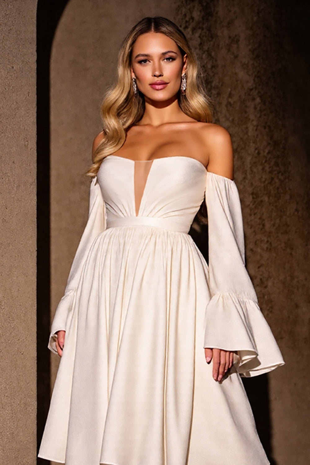 Off The Shoulder A Line Ivory Cocktail Dress with Long Sleeves