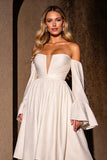Off The Shoulder A Line Ivory Cocktail Dress with Long Sleeves