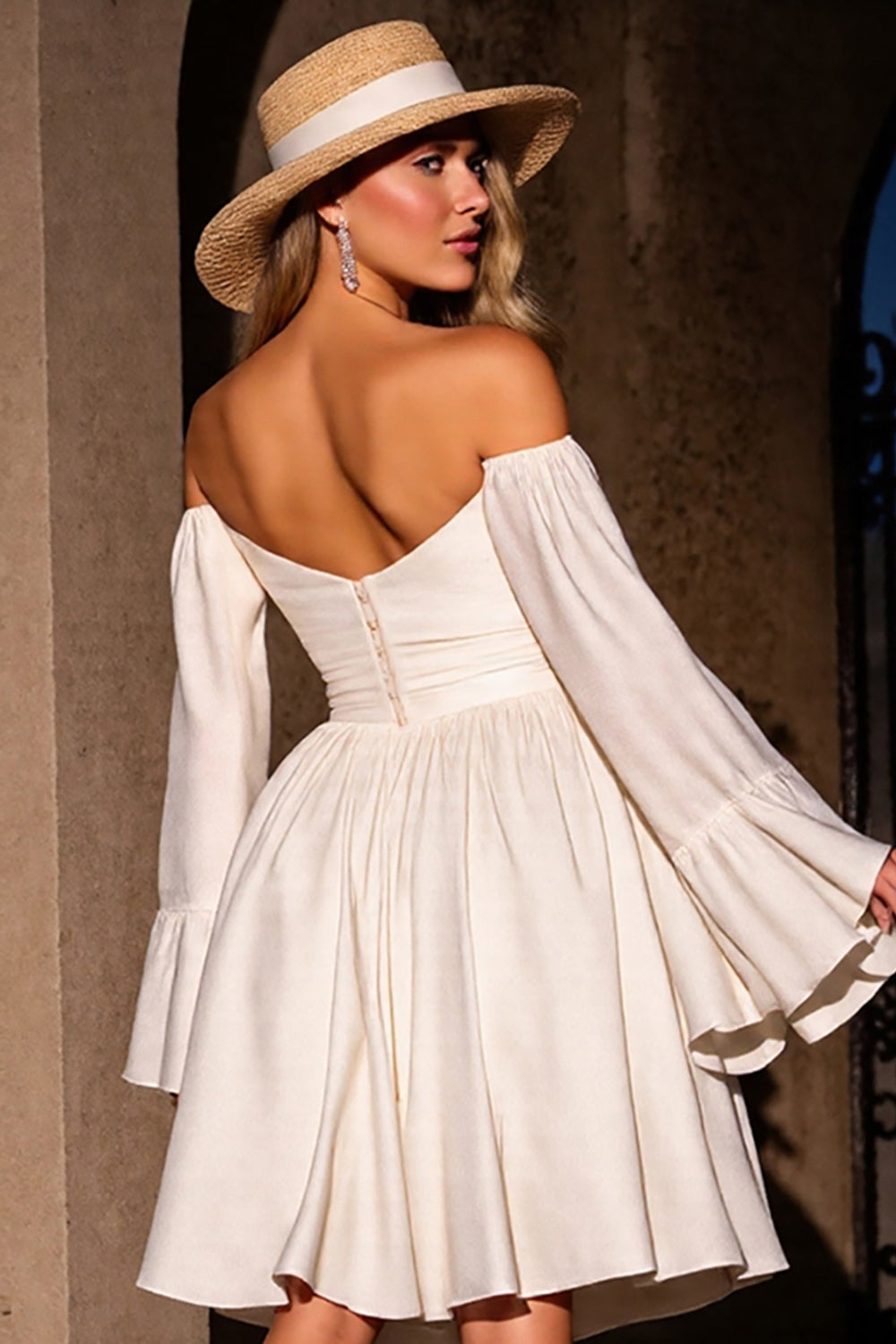 Off The Shoulder A Line Ivory Cocktail Dress with Long Sleeves