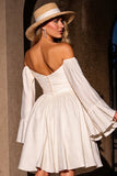 Off The Shoulder A Line Ivory Cocktail Dress with Long Sleeves