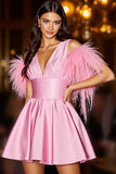 Pink Cute Homecoming Dress with Feathers