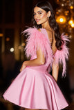 Pink Cute Homecoming Dress with Feathers