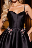 Black Satin Spaghetti Straps Short Homecoming Dress with Appliques