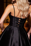 Black Satin Spaghetti Straps Short Homecoming Dress with Appliques