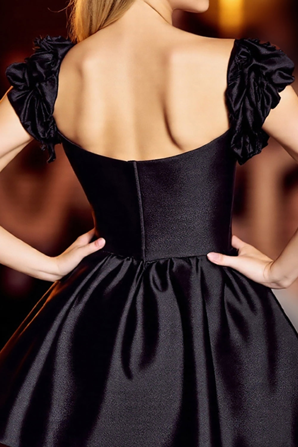 Black A Line Satin Short Homecoming Dress with Ruffles