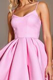 Pink  A Line Satin Spaghetti Straps Short Homecoming Dress