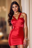 Red Bodycon Satin Halter Short Homecoming Dress