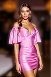 Fuchsia Satin Off the Shoulder Bodycon Short Homecoming Dress