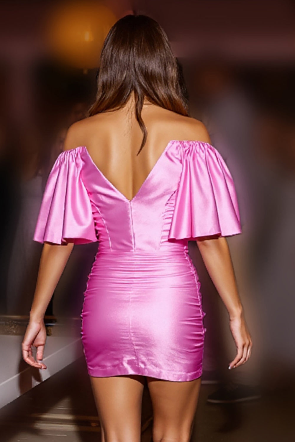 Fuchsia Satin Off the Shoulder Bodycon Short Homecoming Dress