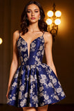 Navy Floral A Line Spaghetti Straps Short Homecoming Dress