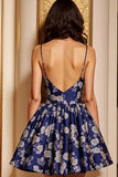 Navy Floral A Line Spaghetti Straps Short Homecoming Dress