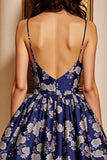 Navy Floral A Line Spaghetti Straps Short Homecoming Dress