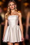Ivory Satin A Line Strapless Short Homecoming Dress