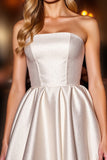 Ivory Satin A Line Strapless Short Homecoming Dress