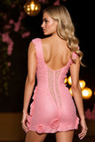 Pink Bodycon Ruched Short Homecoming Dress with 3D Flowers
