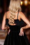 Black Velvet Corset Short Cocktail Dress with Feathers