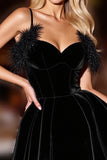 Black Velvet Corset Short Cocktail Dress with Feathers