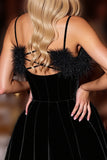 Black Velvet Corset Short Cocktail Dress with Feathers