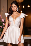 Sparkly Ivory Corset A Line Cap Sleeves Homecoming Dress