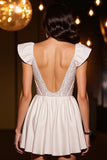 Sparkly Ivory Corset A Line Cap Sleeves Homecoming Dress