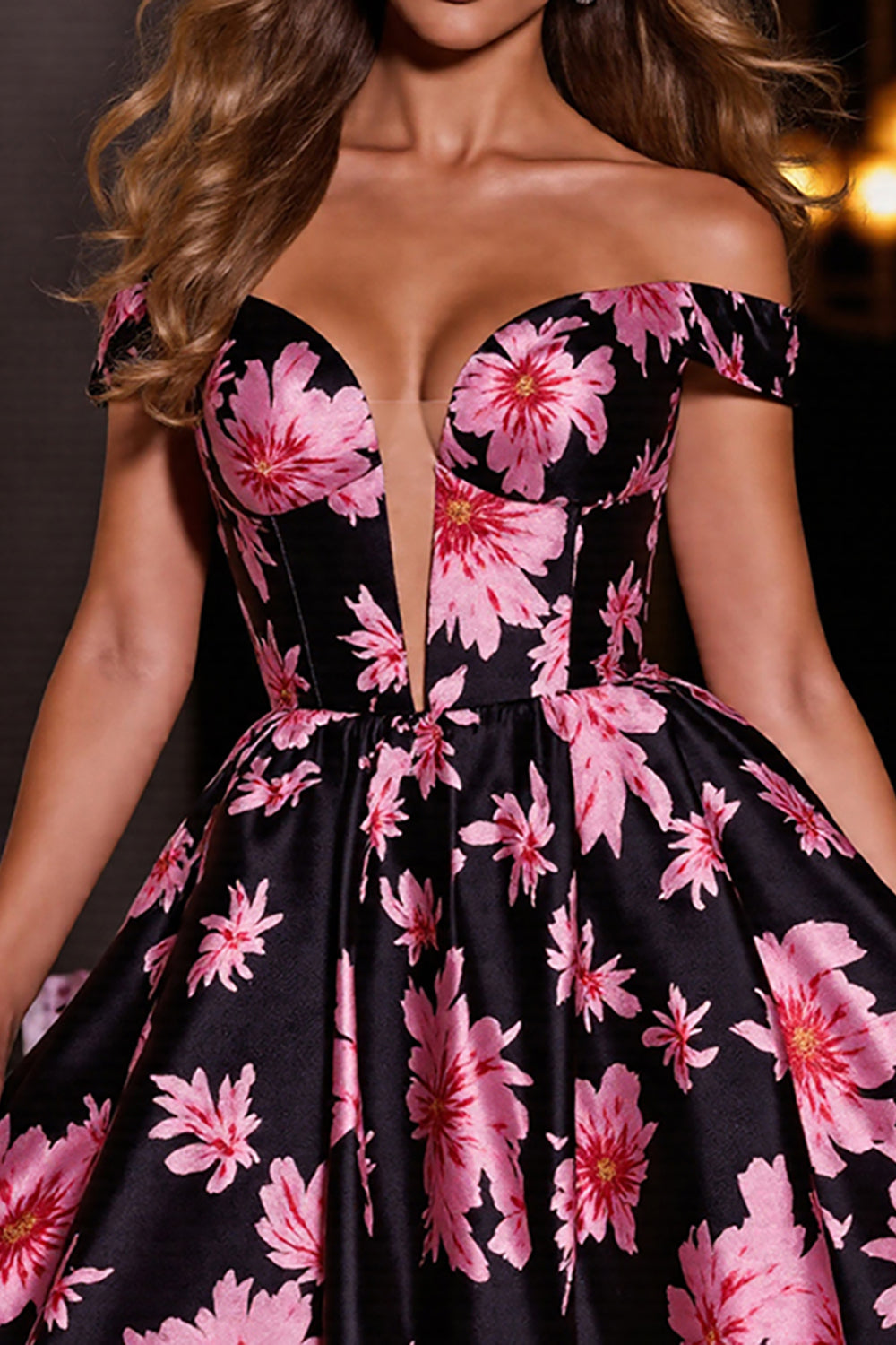 Black Print Floral Satin A Line Short Homecoming Dress