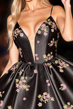 Black Floral Satin A Line Homecoming Dress