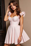 Light Pink Ruffled Sleeve Simple A Line Homecoming Dress