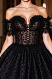 Black Off The Shoulder Beaded A Line Homecoming Dress With Appliques