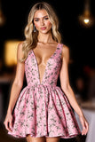Pink Floral V Neck A Line Homecoming Dress