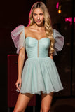 Green Ruched A Line Homecoming Dress With Short Sleeves