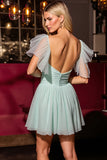 Green Ruched A Line Homecoming Dress With Short Sleeves