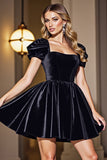 Black A Line Short Homecoming Dress With Puff Sleeves