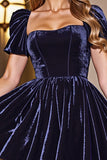 Black A Line Short Homecoming Dress With Puff Sleeves