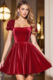 Black A Line Short Homecoming Dress With Puff Sleeves
