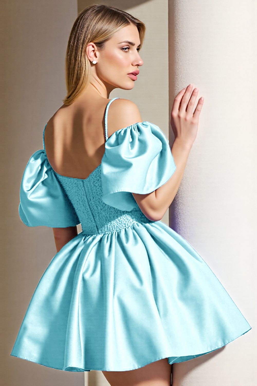 Light Blue Corset A Line Cold Shoulder Homecoming Dress