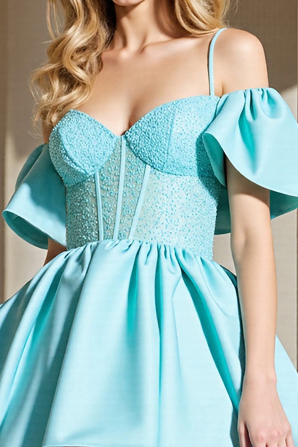 Light Blue Corset A Line Cold Shoulder Homecoming Dress