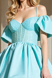 Light Blue Corset A Line Cold Shoulder Homecoming Dress