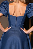 Dark Blue A Line Homecoming Dress With Puff Sleeves