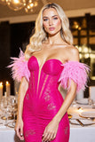 Fuchsia Ruched Off The Shoulder Homecoming Dress with Feathers