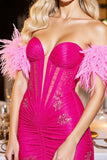 Fuchsia Ruched Off The Shoulder Homecoming Dress with Feathers